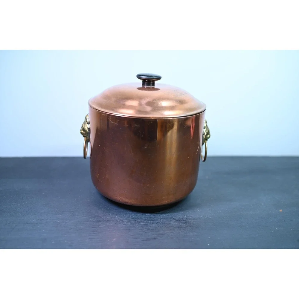 Vintage Copper Lions Head Handle Pot with Lid Decorative Planter Ice Bucket